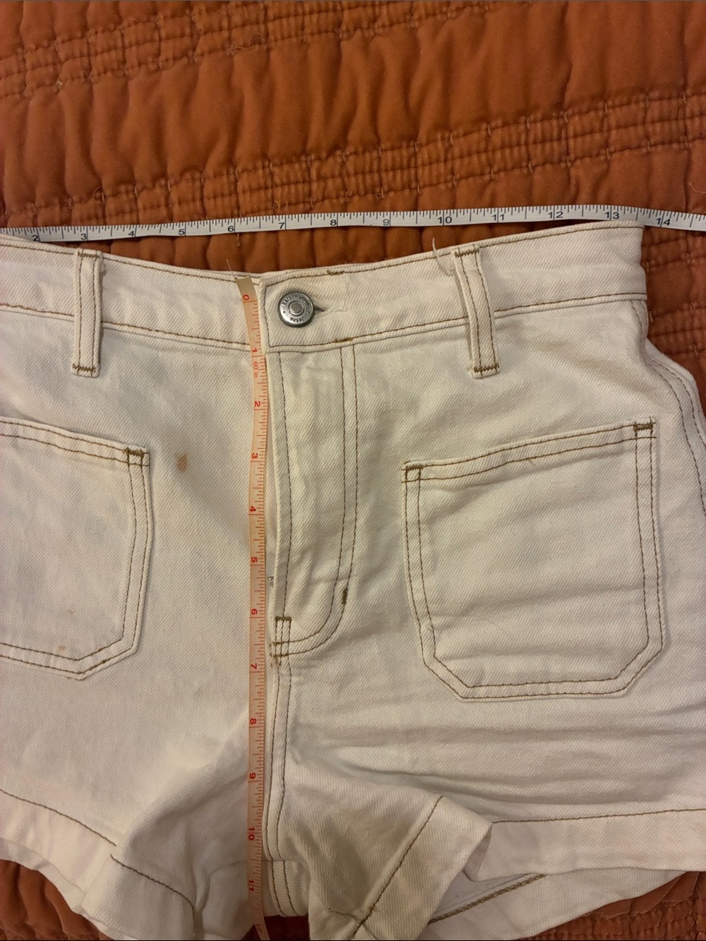 Alyssa high rise stretch organic denim Jean short, white + tan stitching, 25 - Picture 8 of 9